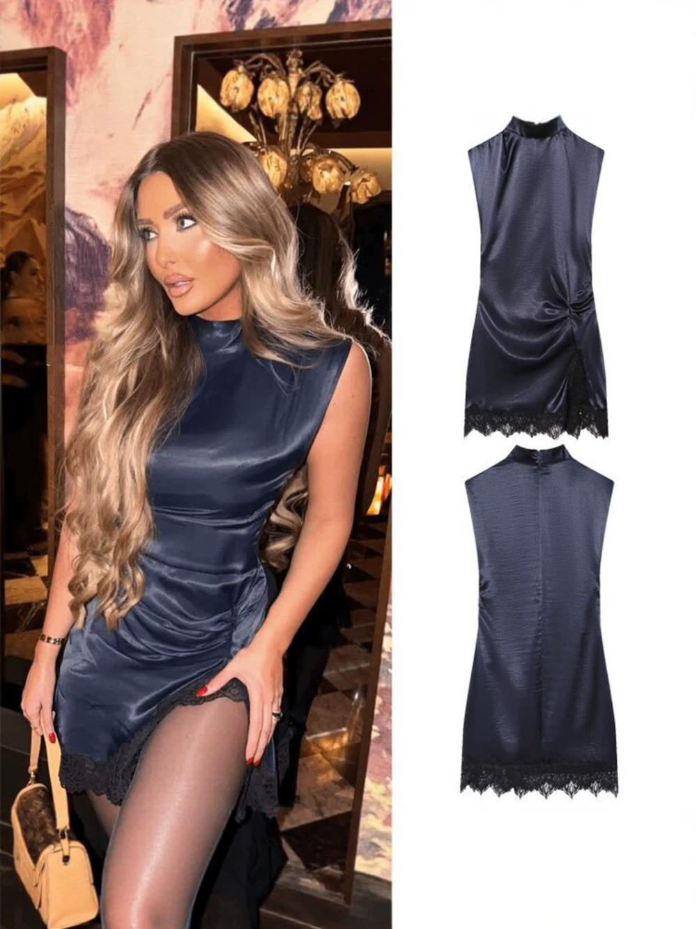 Silk Satin Sleeveless Stand Collar Lace Trim Slim Fit Short Dress Summer